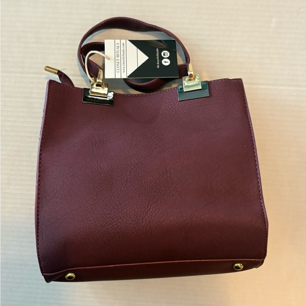 Closet Rituals Burgundy Faux Leather Vegan Satchel Tote Crossbody Bag NWT Strap - Picture 2 of 8